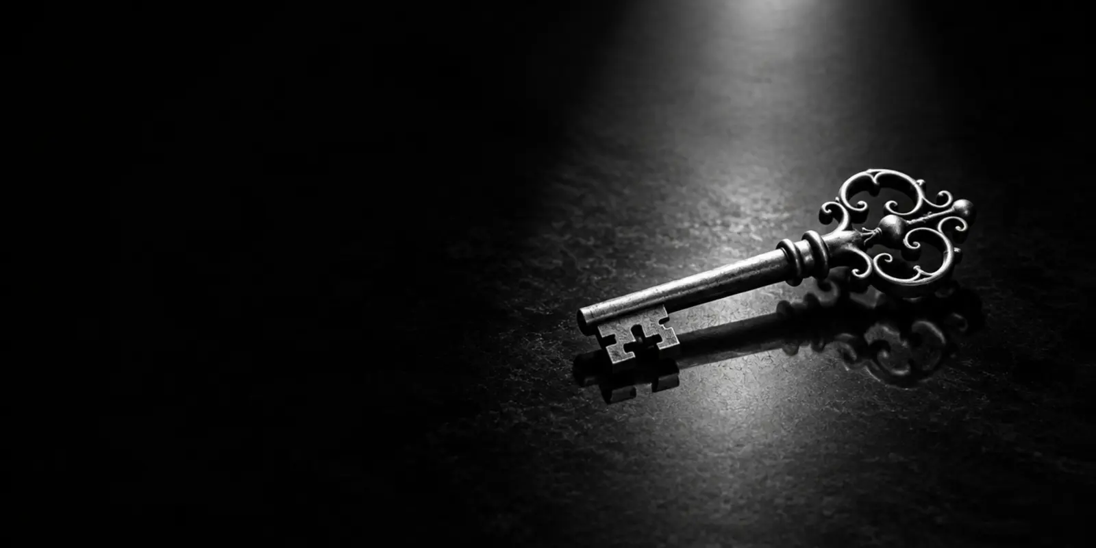 Black and white photo of an old brass master key on a dark surface, lit by a spotlight