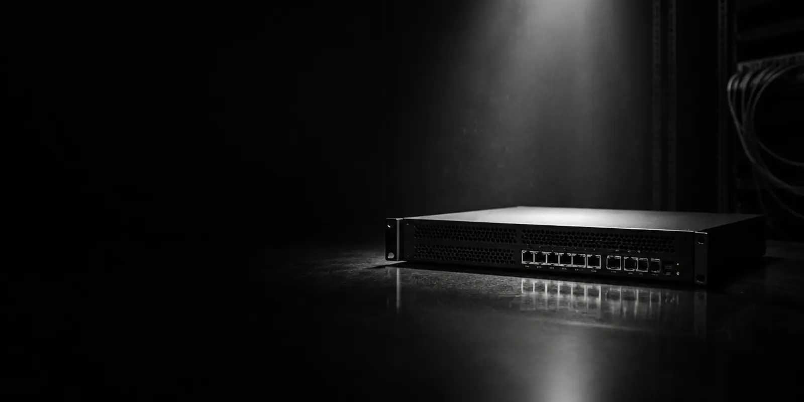 Black-and-white photo of a physical firewall device standing alone, lit by a spotlight in a dark room