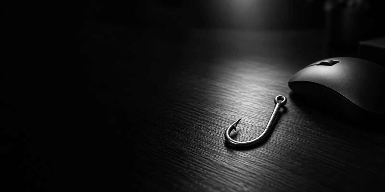 Black and white photo of a fishing hook resting on a desk next to a computer mouse, symbolising phishing