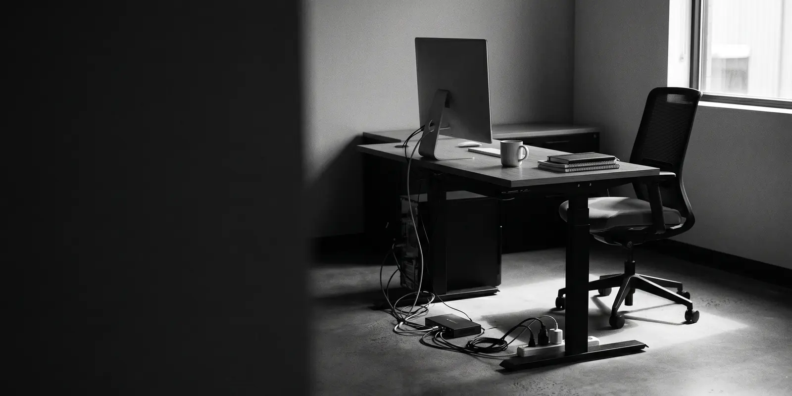 Onder een bureau in een werkend kantoor onthult een strijklicht een wirwar van netwerkkabels, een switch en een stekkerdoos.