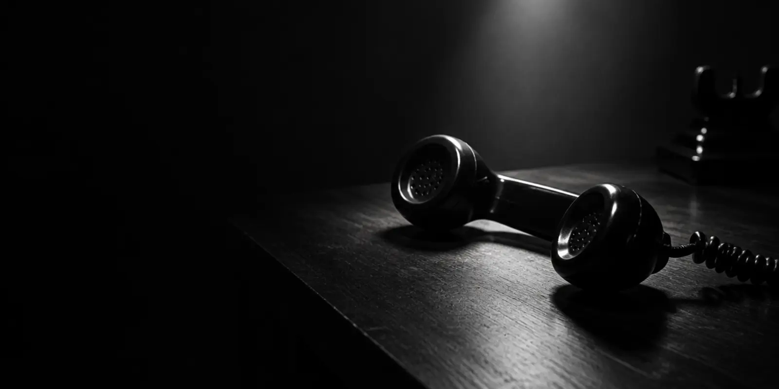 A telephone receiver left off the hook on a dark desk, symbolising unanswered questions during a crisis.
